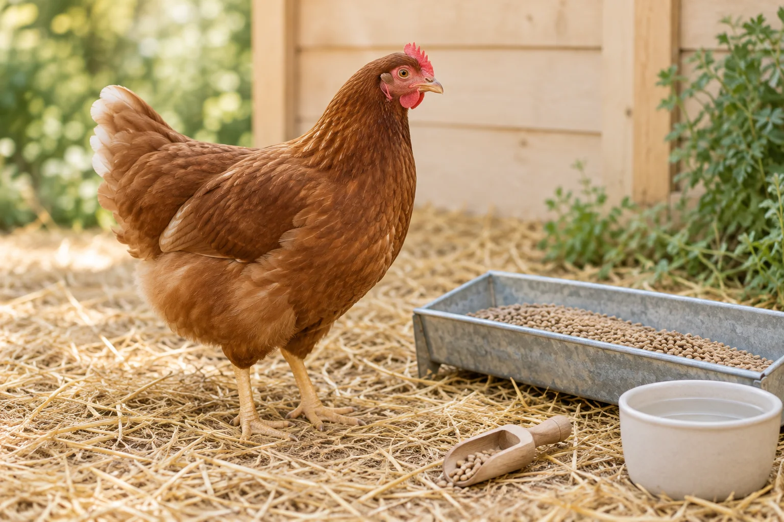 Poule brune sur de la paille, à côté d’une mangeoire contenant des granulés, d’une pelle en bois et d’un abreuvoir.