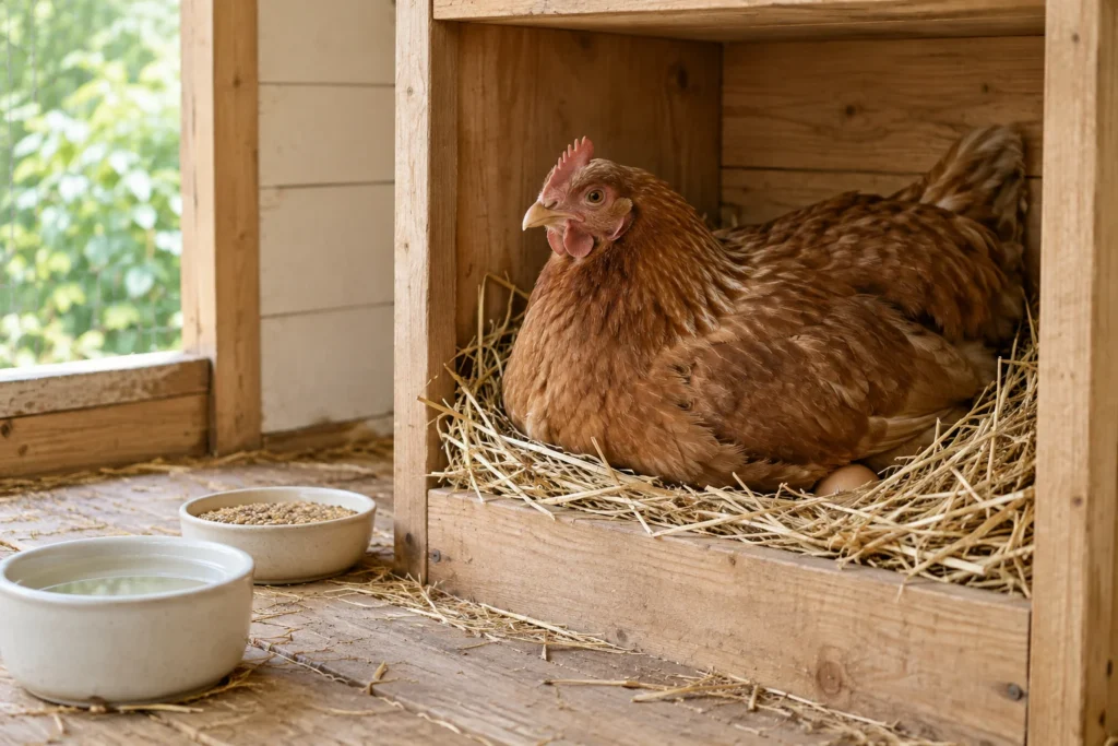 Une poule brune est assise dans un nid de paille à l’intérieur d’un poulailler en bois, avec un œuf au bord du nid et des récipients d’eau et de nourriture devant elle.