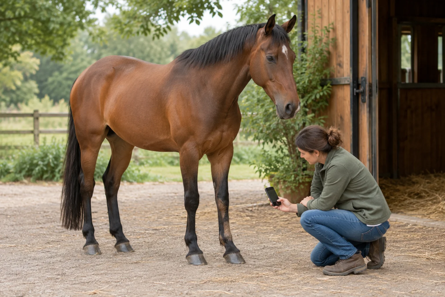Un cheval brun se tient près d’une écurie tandis qu’une personne accroupie examine une jambe avant et tient un téléphone.