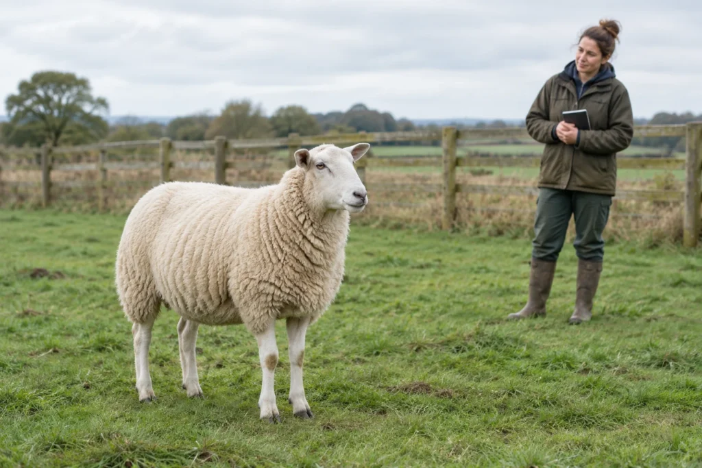 Un mouton blanc se tient dans une prairie, ses quatre pattes visibles, tandis qu’une femme l’observe à distance avec un carnet fermé.
